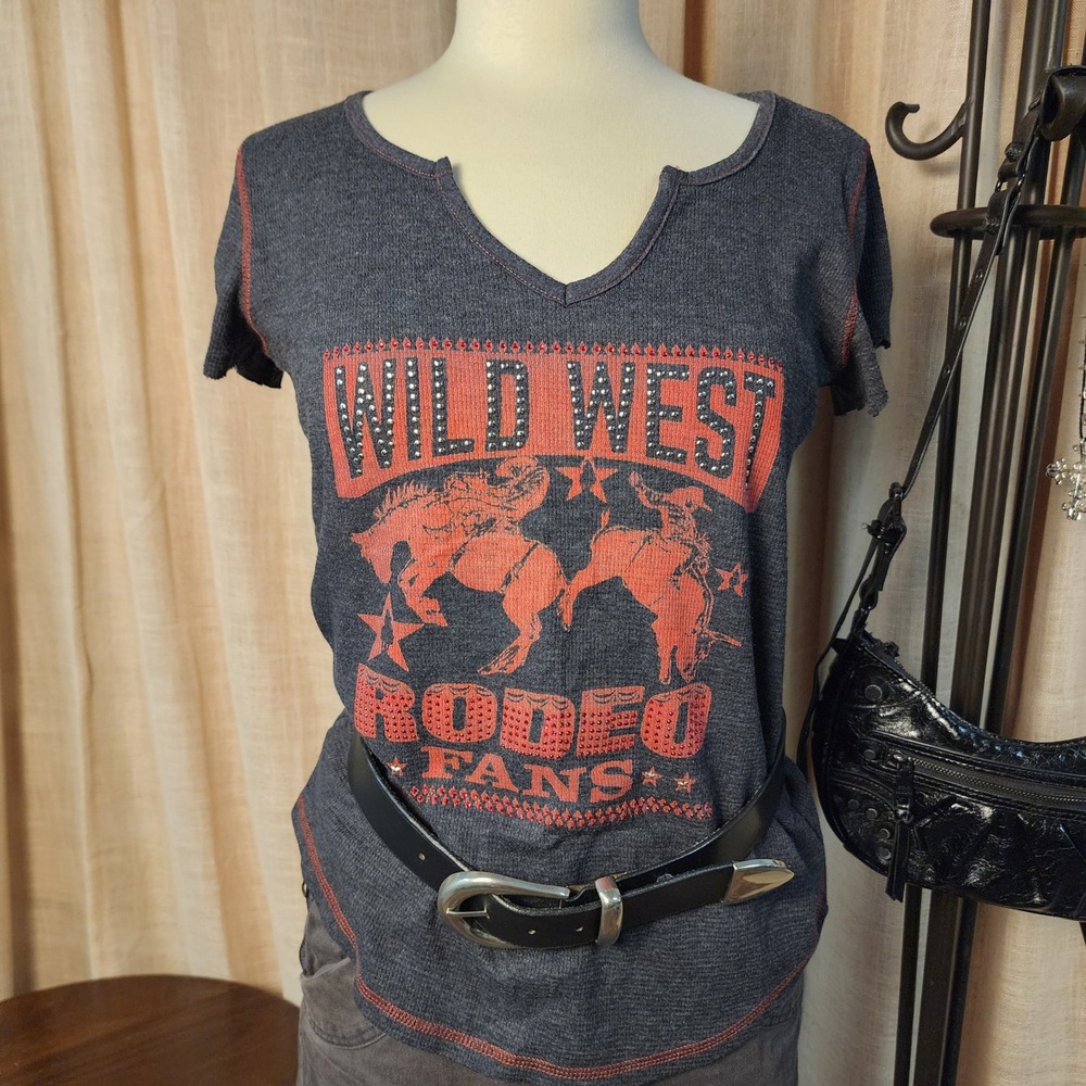 Panhandle Women Large Gray Wild West Rodeo Rhinestone Waffle Knit Thermal Shirt